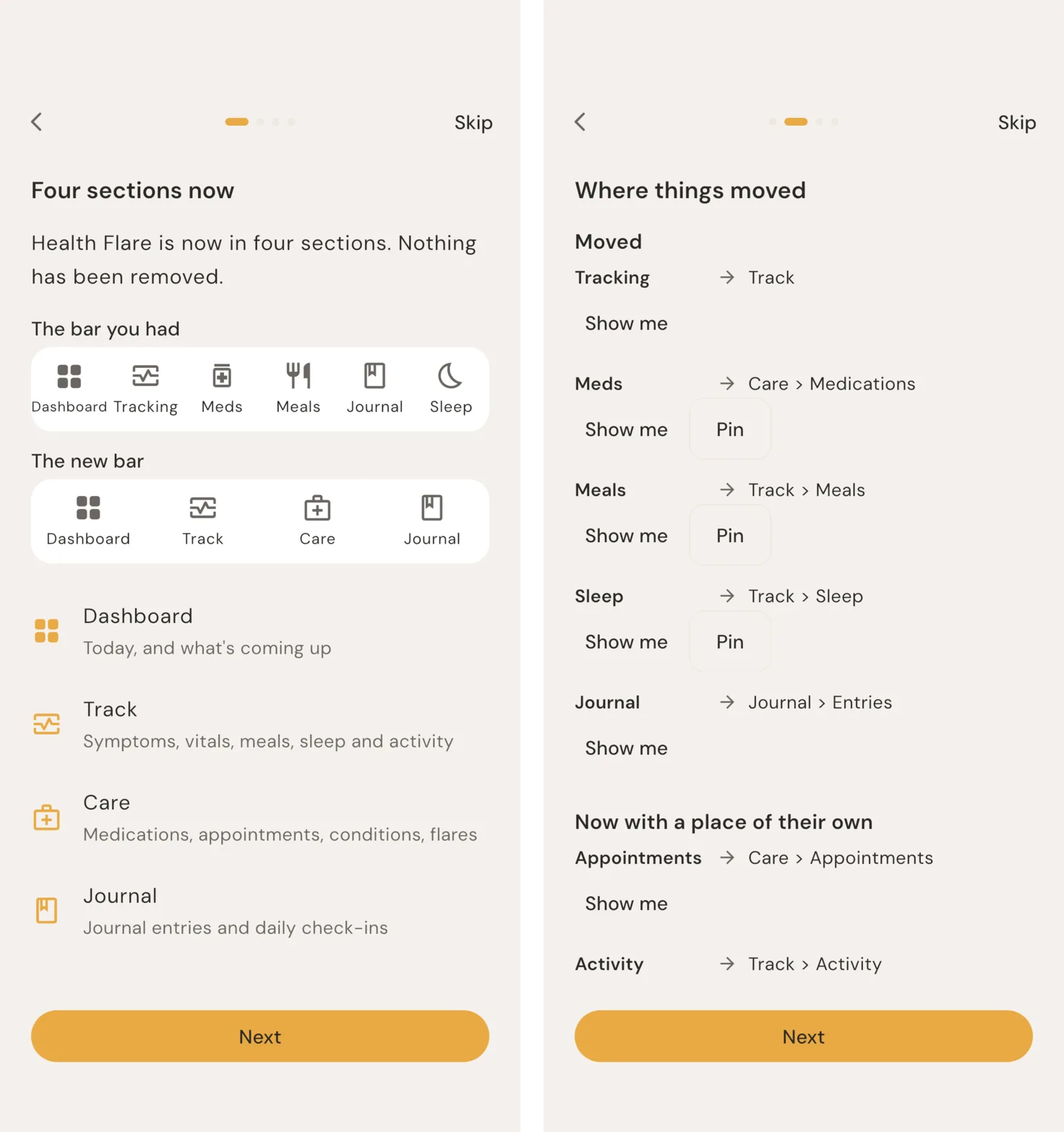 Two steps of the guide side by side. Left: Four sections now, describing Dashboard, Track, Care and Journal. Right: Where things moved, a list of old names with their new place, such as Meds, now Care > Medications, each with Show me and Pin buttons.