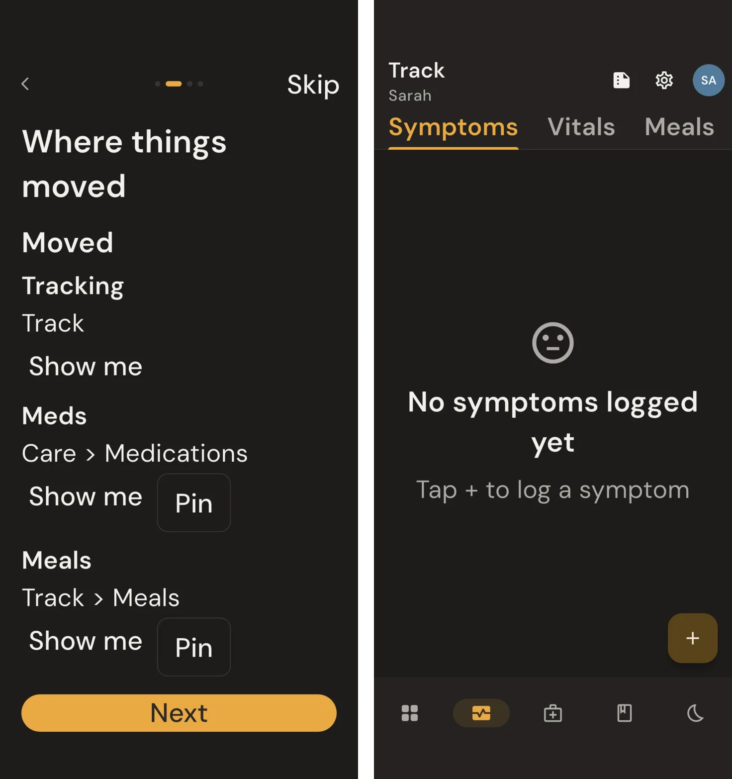 Two screens at 200% text in dark mode. Left: the guide's Where things moved step, with each old name, its new place and its Show me and Pin buttons stacked so the text fits. Right: the Track section with Symptoms, Vitals and Meals tabs in a row that scrolls sideways, and a bottom bar of icons with no labels.