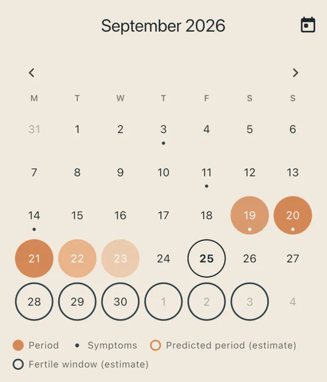 Inner Flare's calendar for September 2026: five logged period days shaded by flow, dots on days with symptoms, and the fertile window outlined and labelled as an estimate