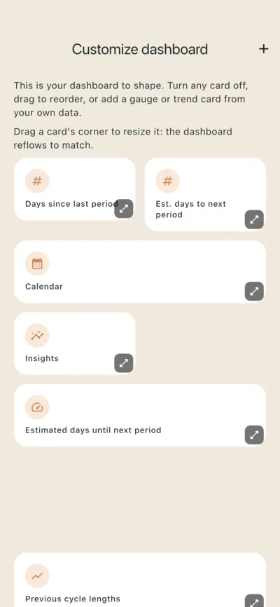 The customize dashboard screen: cards for quick stats, calendar, insights, a gauge and a trend chart, each with a resize handle.