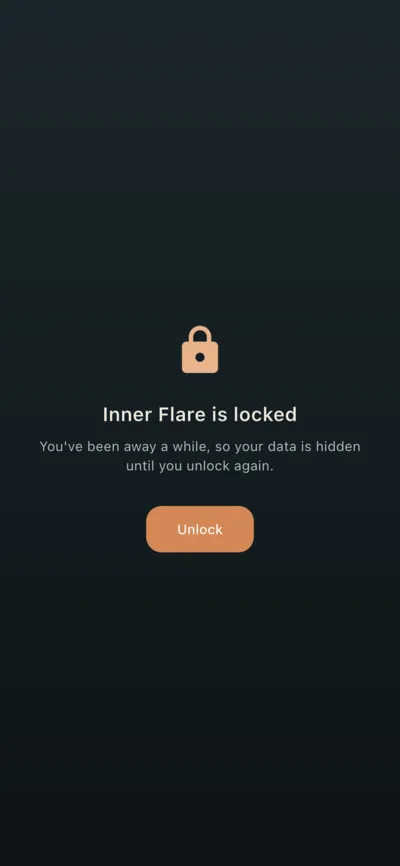 The lock screen: Inner Flare is locked, with a note that data is hidden after being away a while, and an Unlock button.
