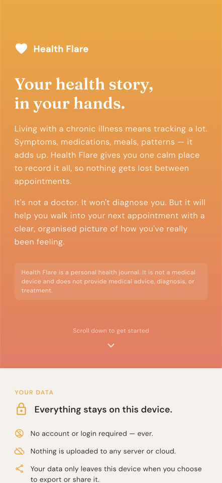 Onboarding screen reading 'Your health story, in your hands'