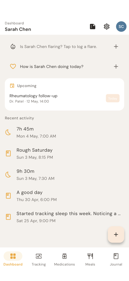 Dashboard showing recent journal entries and an upcoming rheumatology follow-up