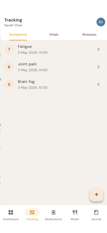 Symptoms screen listing fatigue, joint pain, and brain fog with severity scores