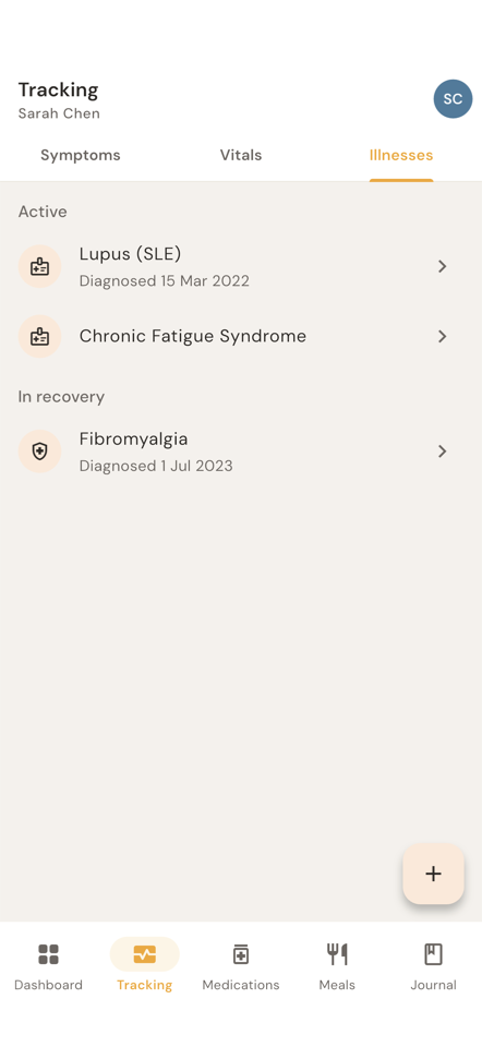 Conditions screen showing active and in-recovery illnesses like lupus and fibromyalgia