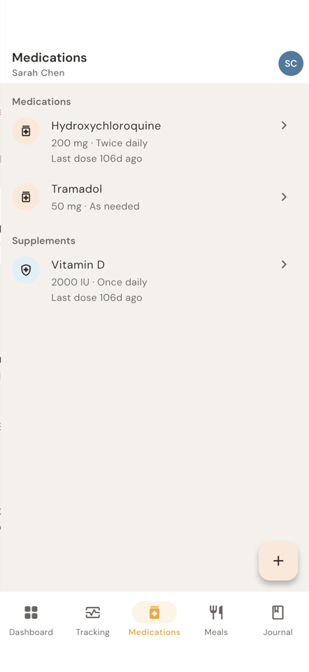 Medications screen showing Hydroxychloroquine, Tramadol, and Vitamin D with dosages