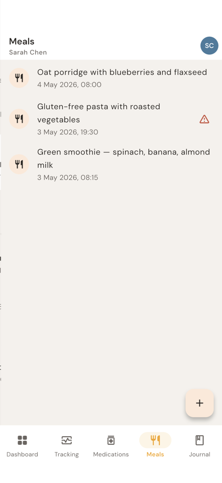 Meals log showing oat porridge, gluten-free pasta, and a green smoothie entry
