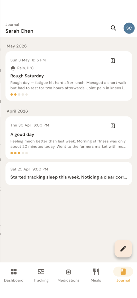 Journal screen showing entries titled 'Rough Saturday' and 'A good day'